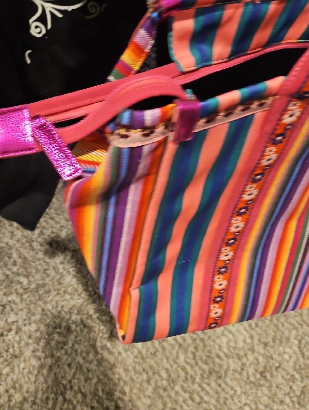 Colorful Striped Tote Bag - Multicolor Pink Trim - Picture 6 of 7